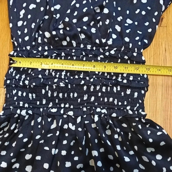 Y2K printed black & white surplice mini dress sheer sleeves lined skirt small - Picture 15 of 16